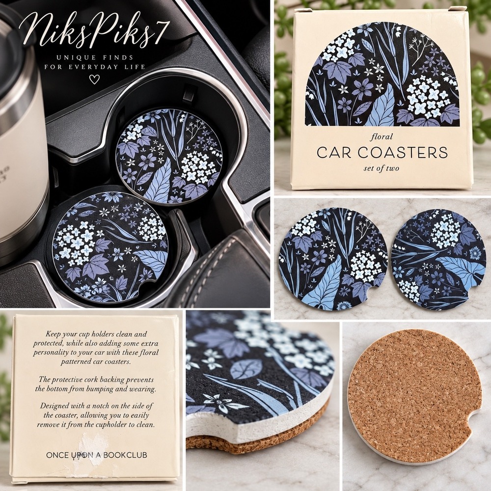 Once Upon a Book Club Floral Car Coasters Set of 2 Cork Backing Blue Floral